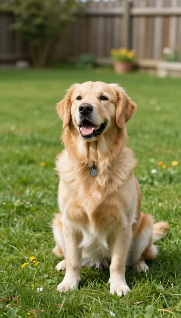 Friendly Golden Retriever dog named Buddy sitting on grass in sunny backyard