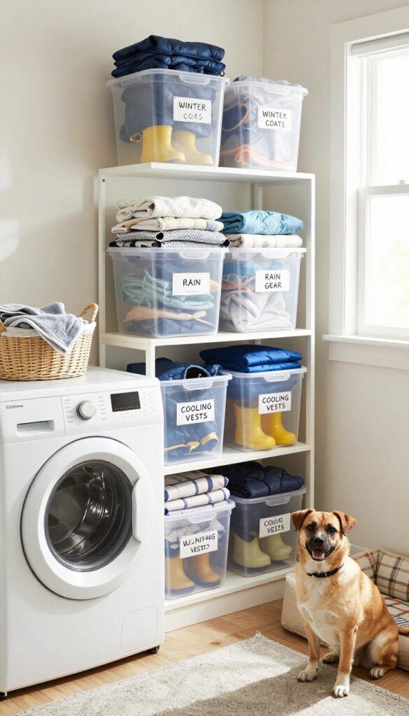 Clear labeled bins on a high shelf above a washer and dryer, containing seasonal dog gear like coats and boots, in a bright laundry room.