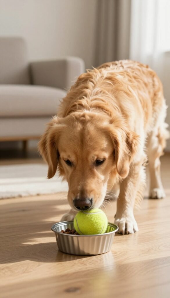 Golden retriever using nose to lift a tennis ball from a muffin tin puzzle on a wooden floor in a bright living room