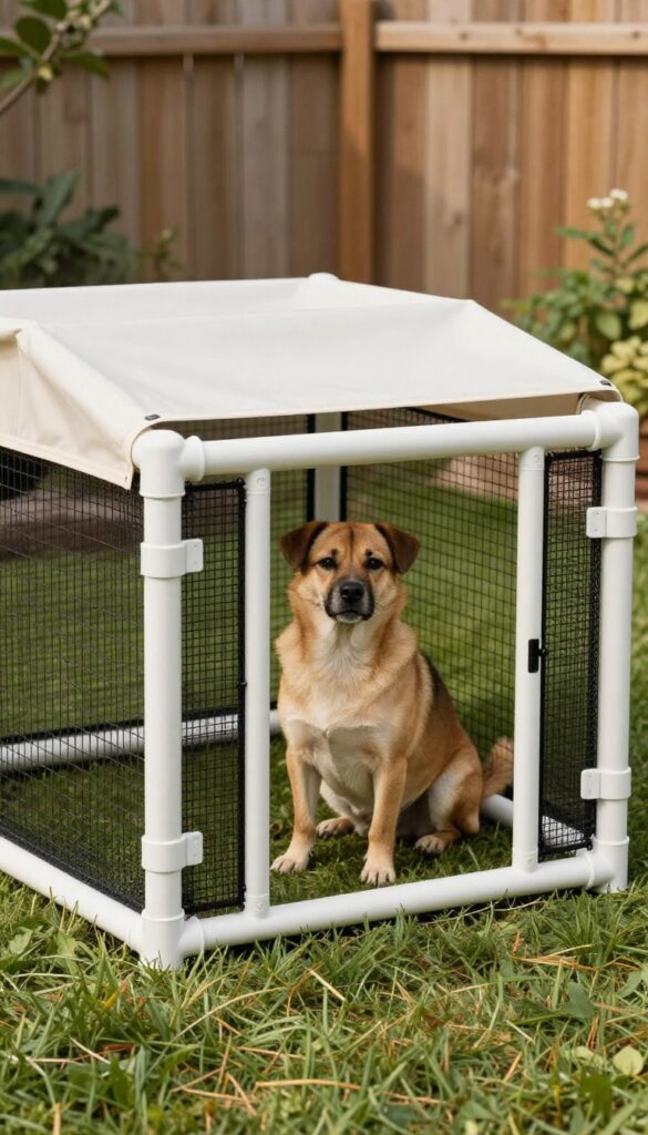 Portable PVC pipe dog kennel in a sunny backyard with mesh fencing and shade tarp, dog sitting inside