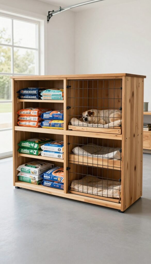 Multi-dog kennel with shared storage bench in a bright garage