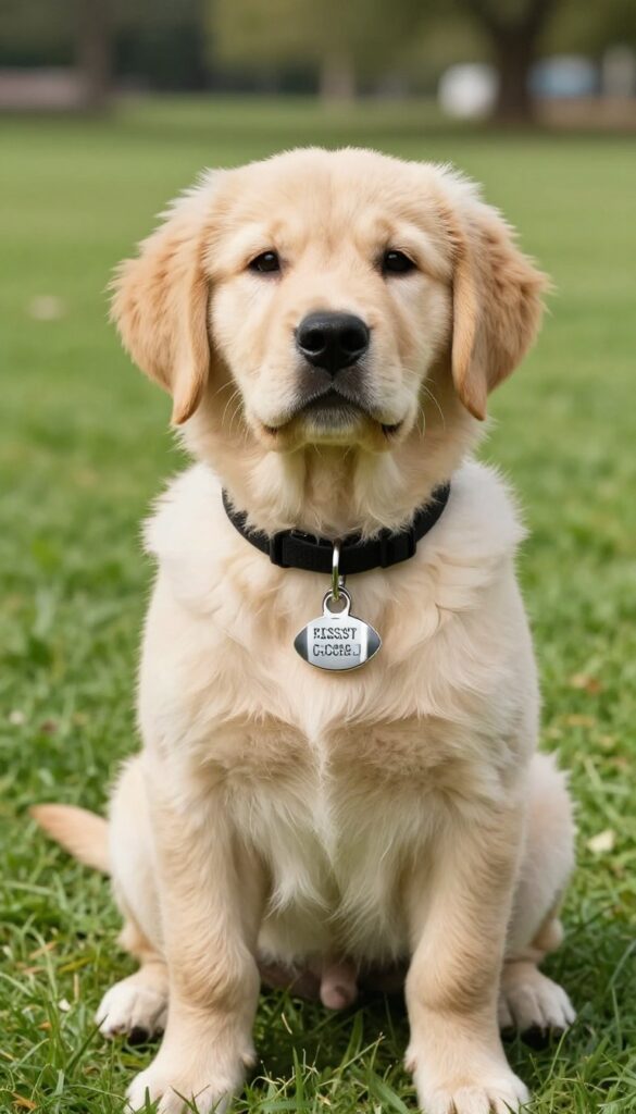 A golden retriever puppy with a football-shaped ID tag on its collar in a sunny park.