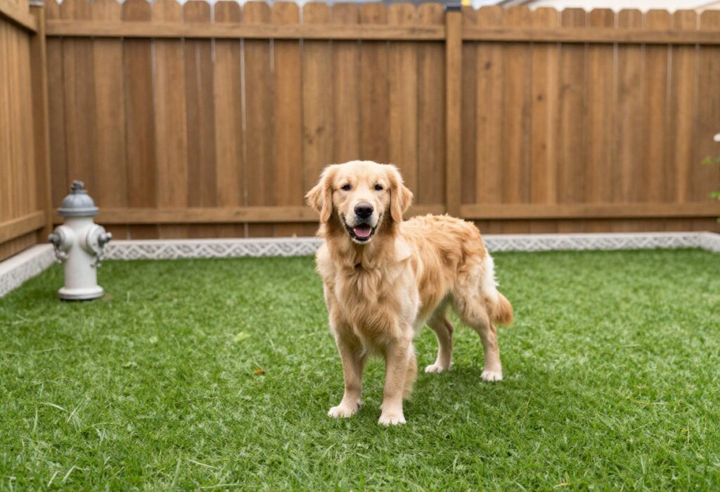 Dog standing on artificial turf potty area in a clean backyard with a fire hydrant