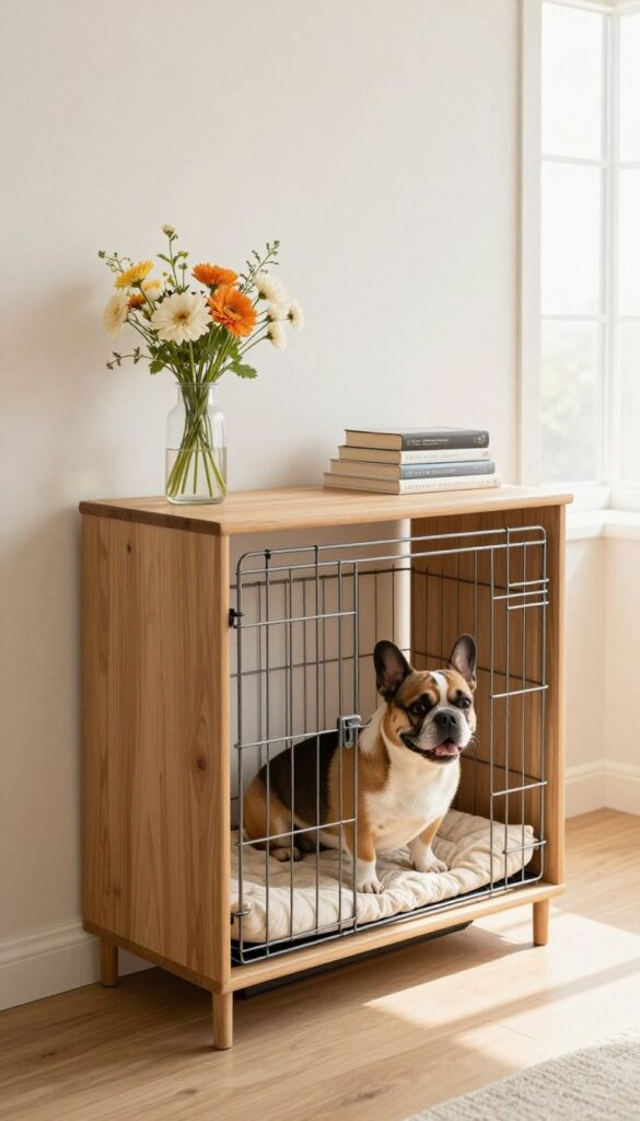 Repurposed console table with hidden dog crate underneath, cozy living room setting, small dog peeking out