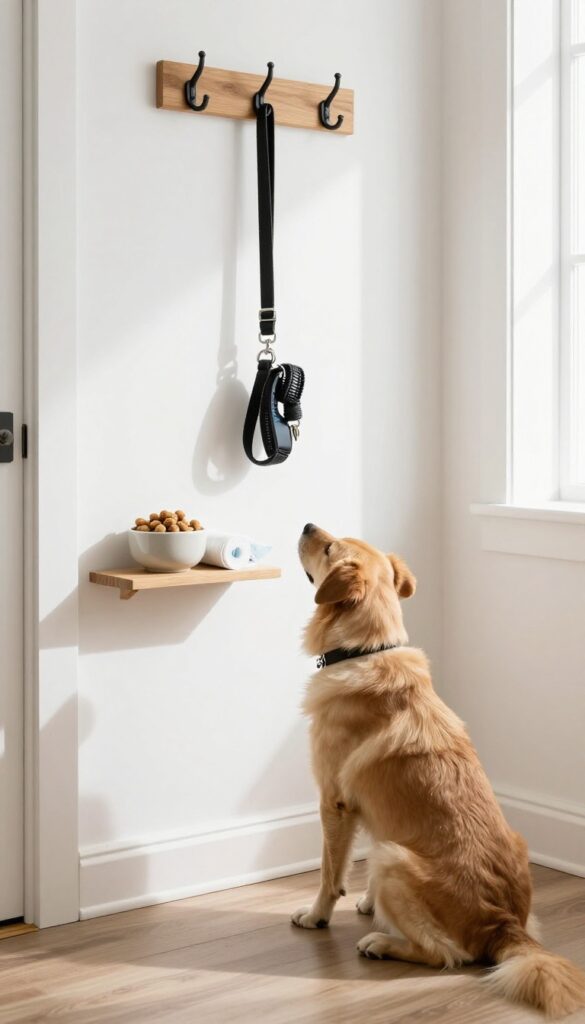 Leash and gear hook system in a bright entryway with a dog sitting nearby