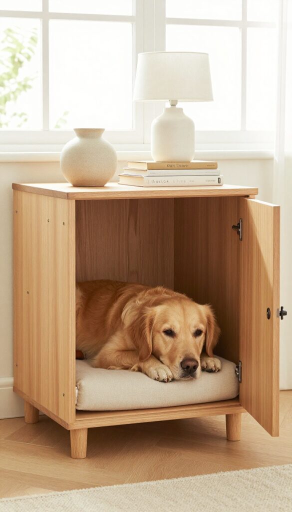 Furniture-style dog crate that looks like a side table with a lamp and books on top, dog resting inside, bright natural light, modern living room.