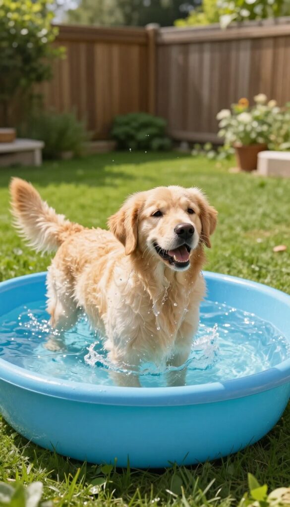 Golden retriever playing in a blue kiddie pool in a sunny backyard