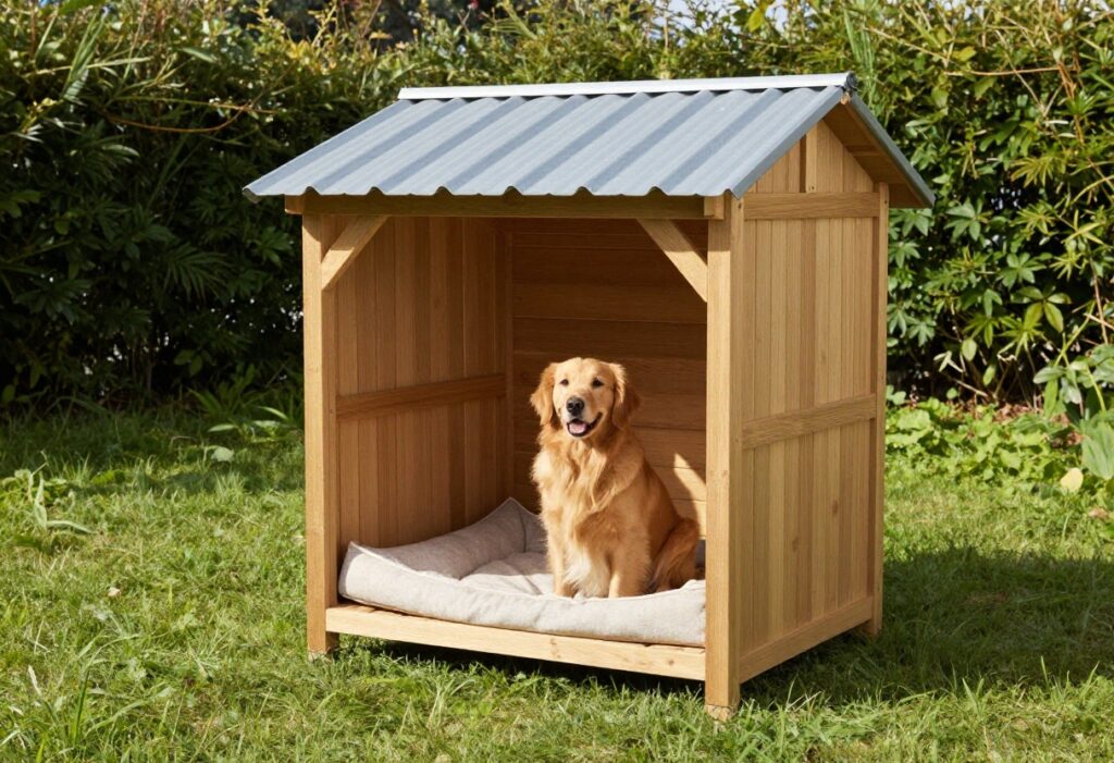 DIY wooden dog kennel with metal roof in backyard, golden retriever sitting at entrance