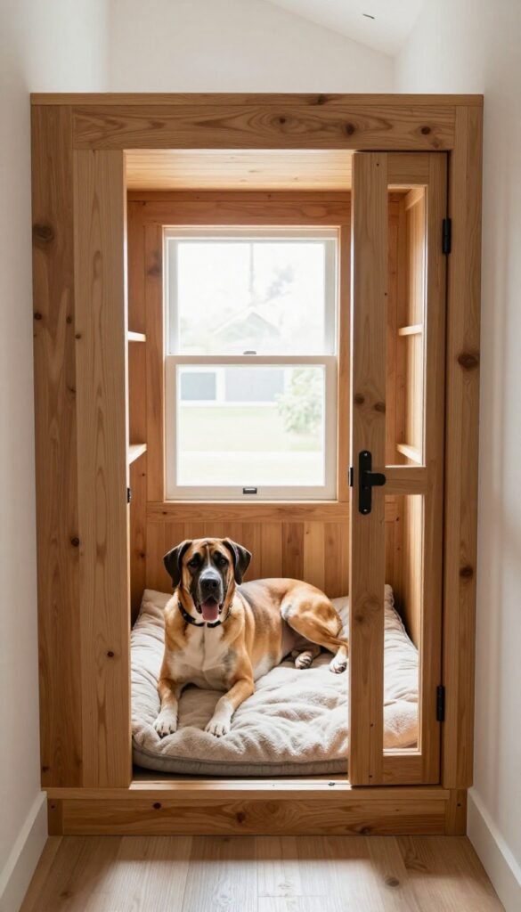 Custom built-in dog kennel under stairs with large breed dog resting inside, bright natural light, photorealistic interior.