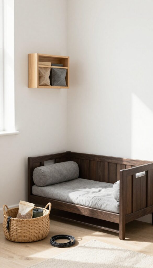 Tidy dog crate area with storage basket and wall organizer for leash, treats, and waste bags, bright natural light, calm minimalist bedroom.