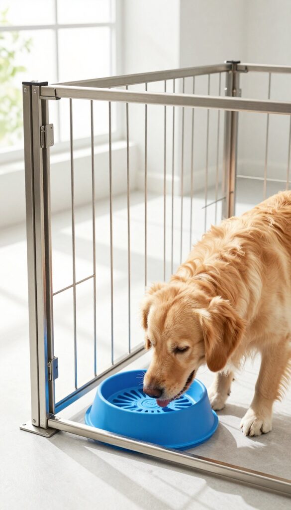 Dog drinking from a wall-mounted slow feeder water bowl in a kennel with natural light.