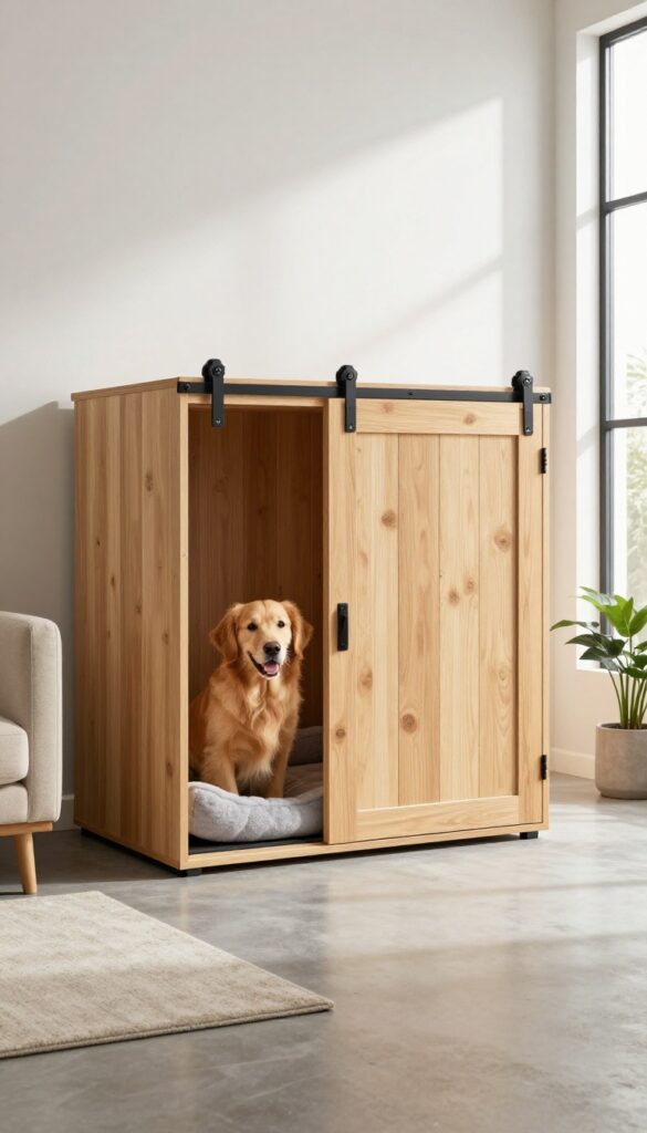 Modern dog crate with sliding barn door front in bright living room