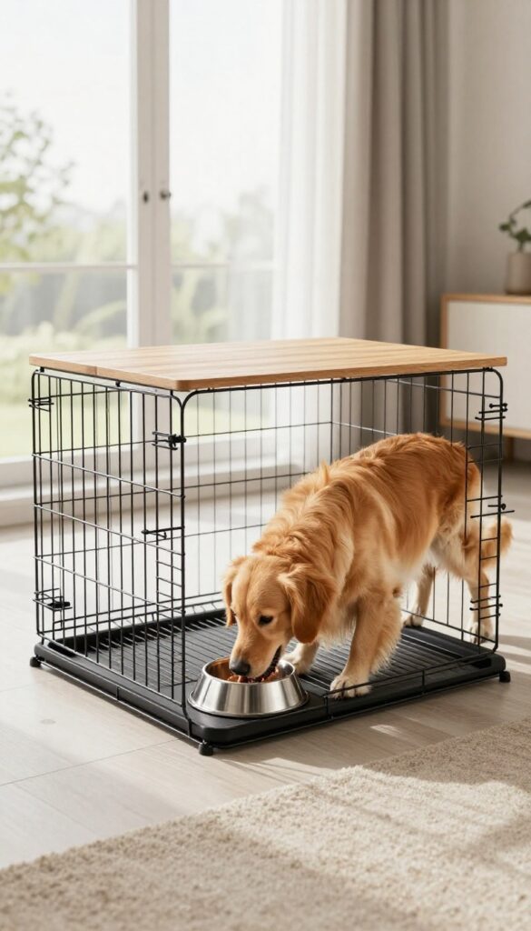 Dog crate with built-in feeding station in a bright modern room, dog eating from elevated bowls