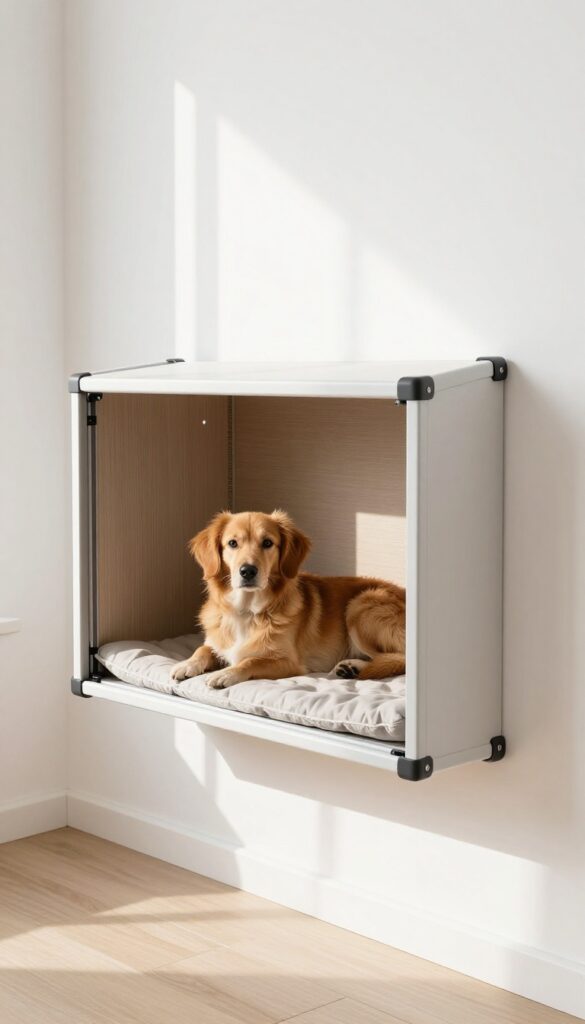 Wall-mounted fold-down dog kennel in a bright apartment, with a dog resting inside, showcasing space-saving design
