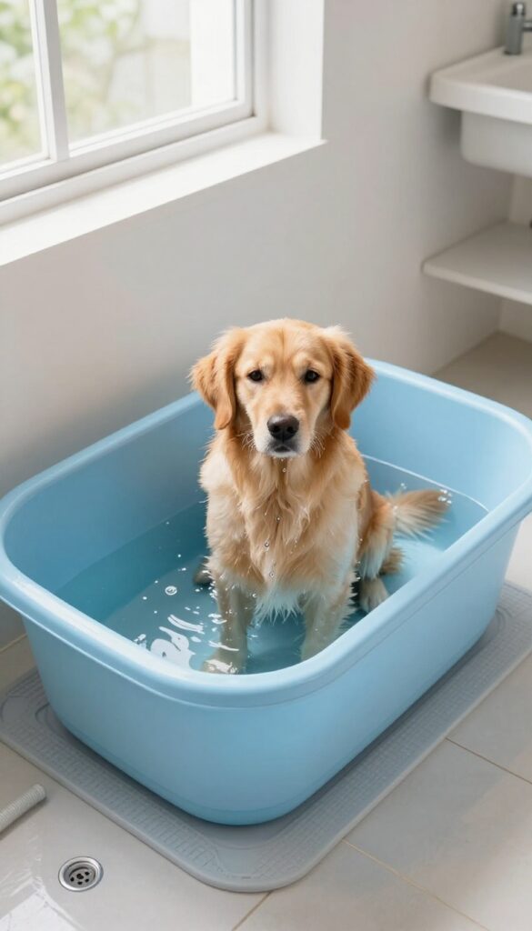 Portable dog wash basin on a utility room counter with a golden retriever inside, bright natural light, clean composition.