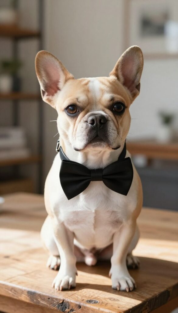 A small short-haired dog wearing a black bow tie, sitting on a wooden table in natural light, looking dapper and cute.