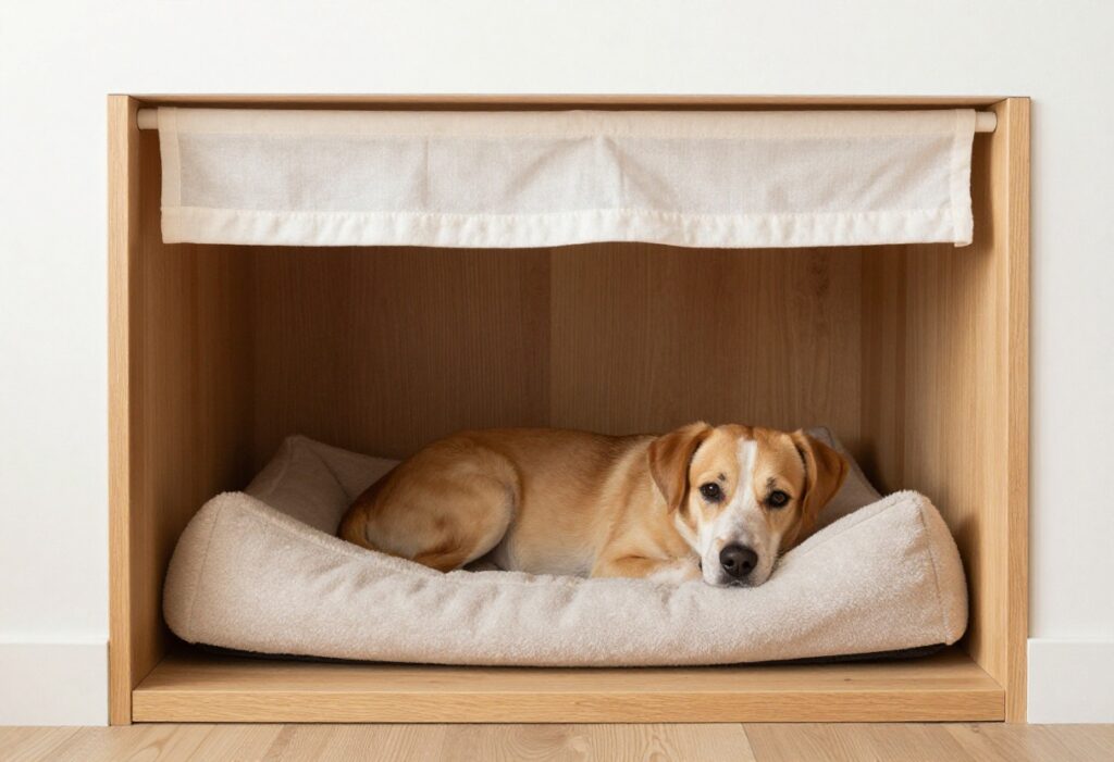 Cozy under-stair dog nook with a plush bed and curtain