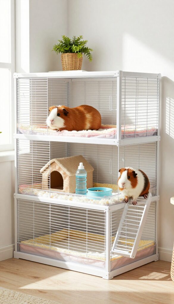 Multi-level guinea pig cage with ramps and cozy bedding in a bright room
