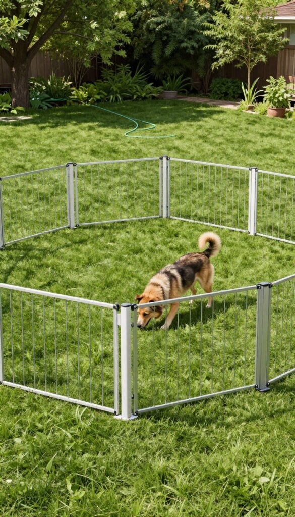 Portable fence panels on grass forming a dog potty area, with a dog inside, on a sunny lawn.