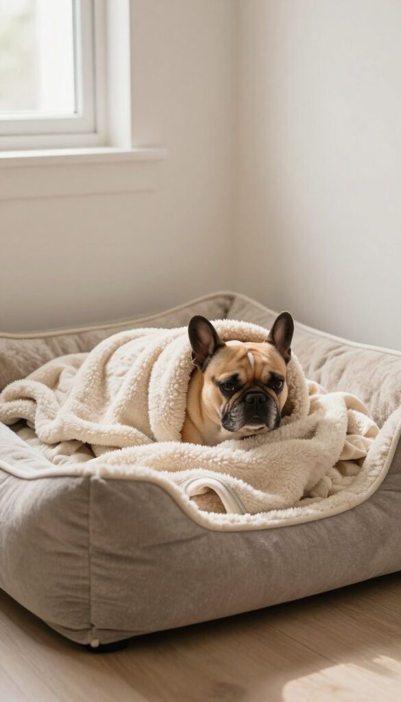 Cozy dog bed with layered soft blankets and a small dog snuggled on top