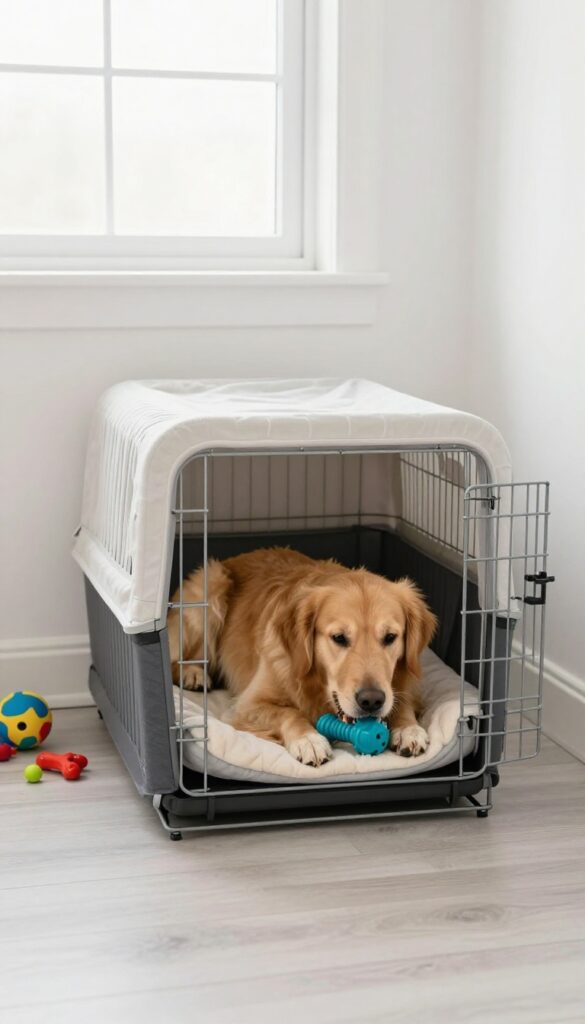 Dog crate with interactive toys and a golden retriever chewing a toy in bright natural light