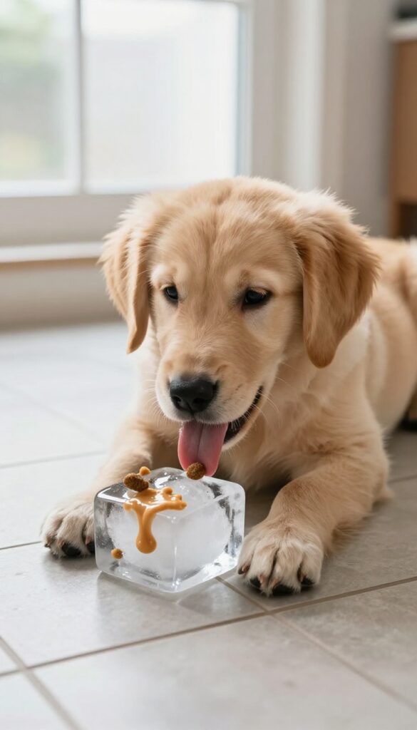 Golden retriever puppy playing with an ice cube treat on a kitchen floor