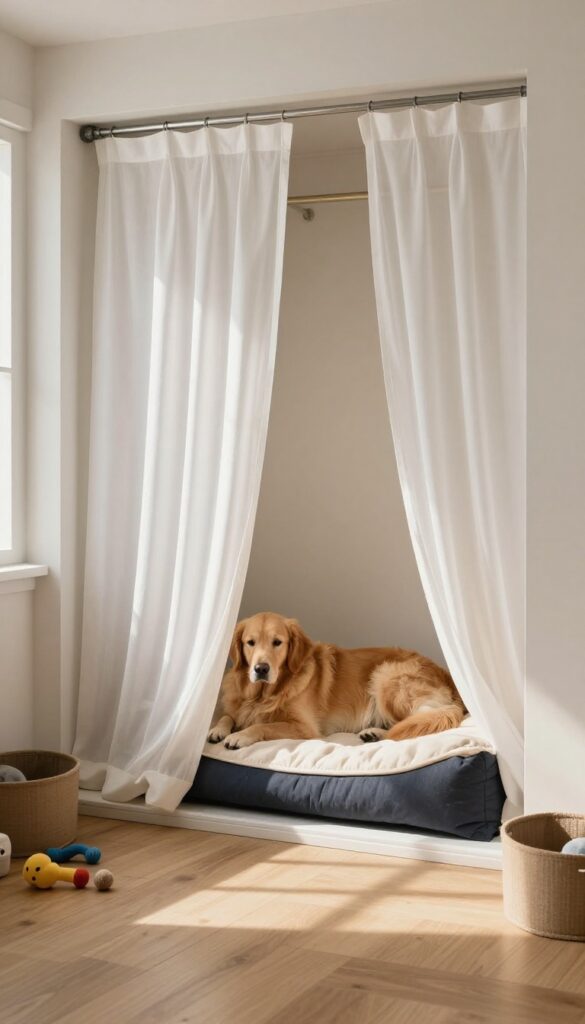 Repurposed closet turned into a cozy dog den with a golden retriever resting on a plush bed, soft natural light, and minimal decor.