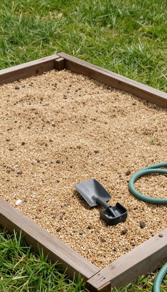 Dog potty area with pea gravel in a backyard, with edging and a shovel nearby.