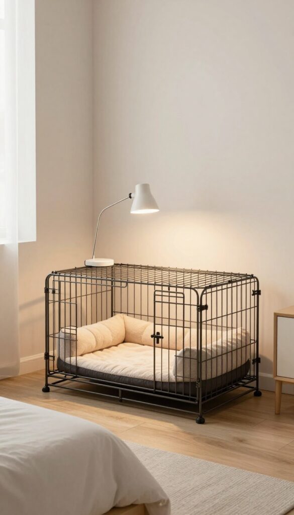 Dog crate with a clip-on lamp providing soft lighting, set beside a bed in a bright bedroom.