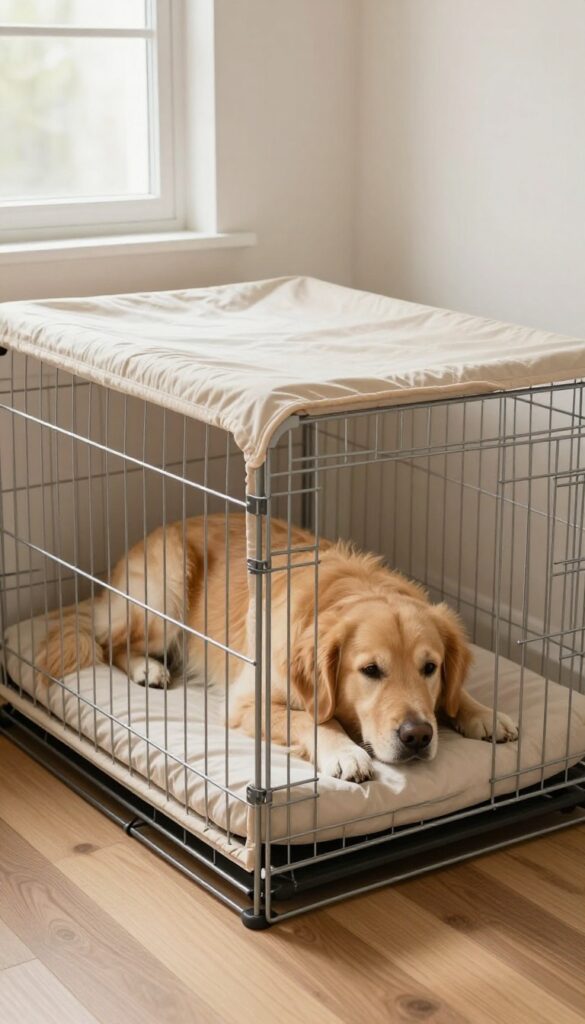 Dog in a covered crate in a peaceful bedroom, den-like security for calm sleep