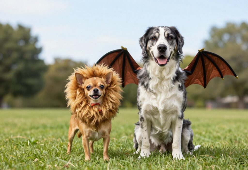 Small dog in lion mane and large dog in dragon wings costume on grass