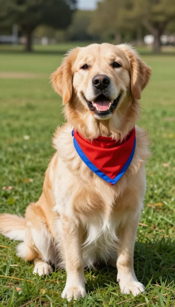 Golden retriever wearing sporty bandana in team colors on sunny grass field