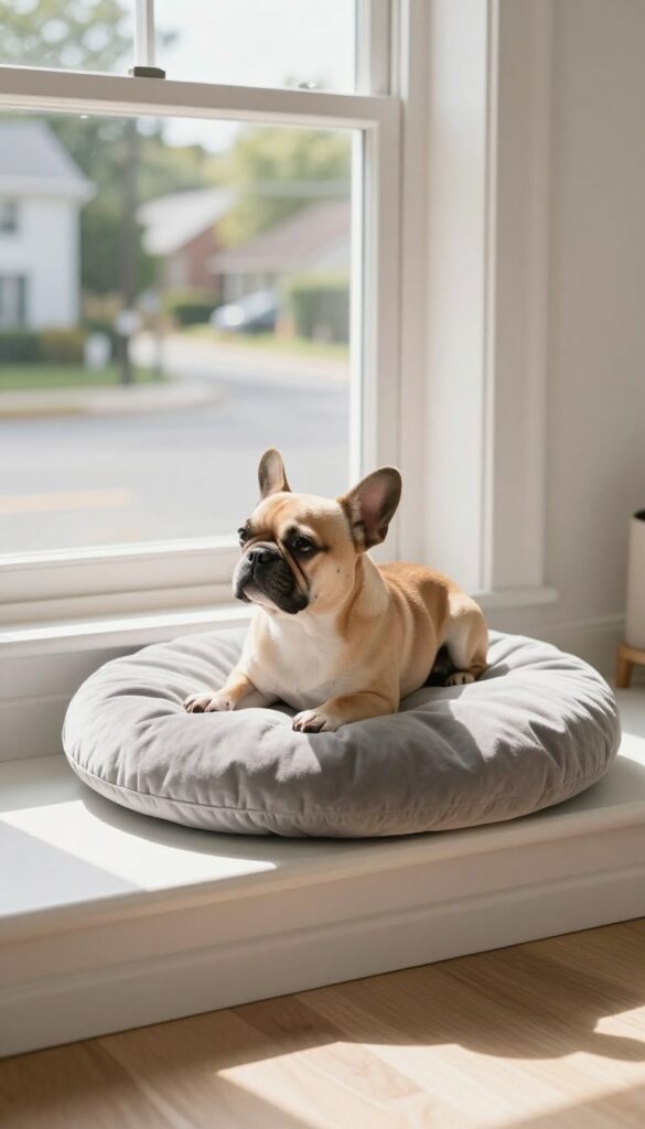 Dog relaxing on a window perch, sunbathing and watching the neighborhood