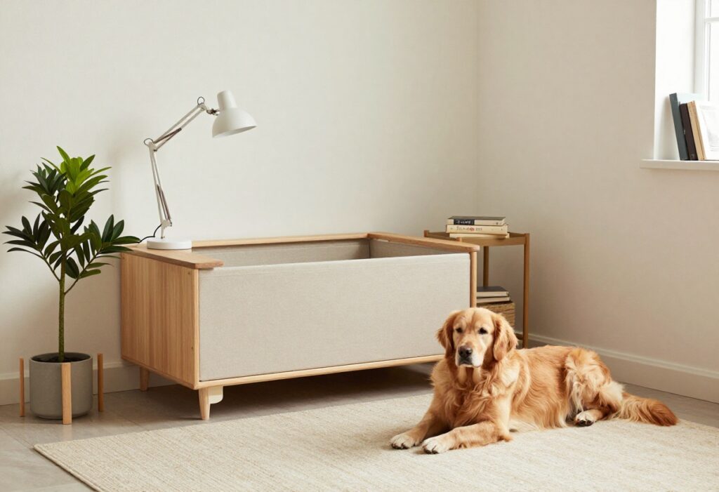 Cozy dog crate setup with cover, plant, and lamp in a living room