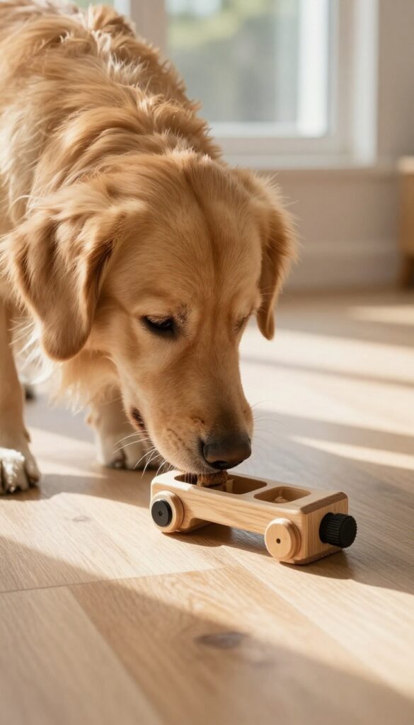 Golden retriever interacting with treat-dispensing puzzle toy on wooden floor