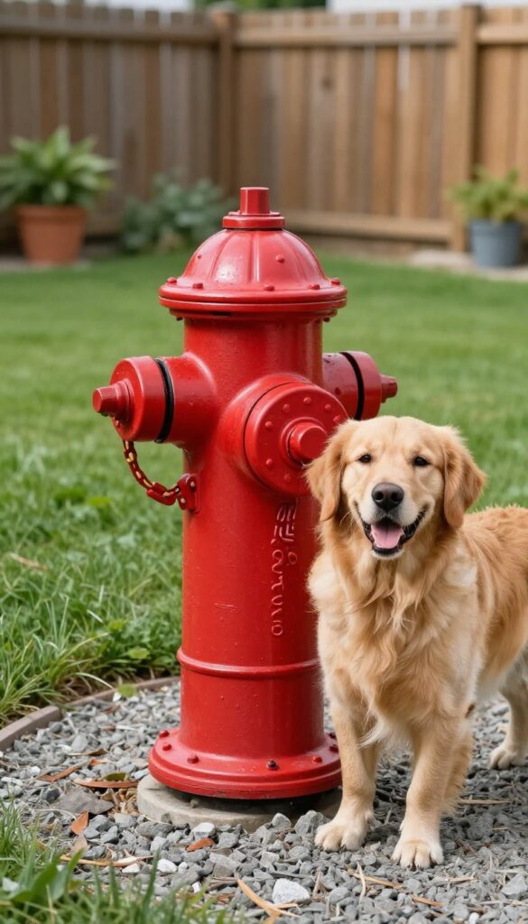 Dog lifting leg on fire hydrant in backyard potty area