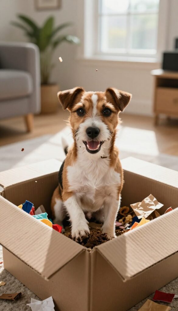 Dog digging in a cardboard box filled with crumpled paper and fabric scraps
