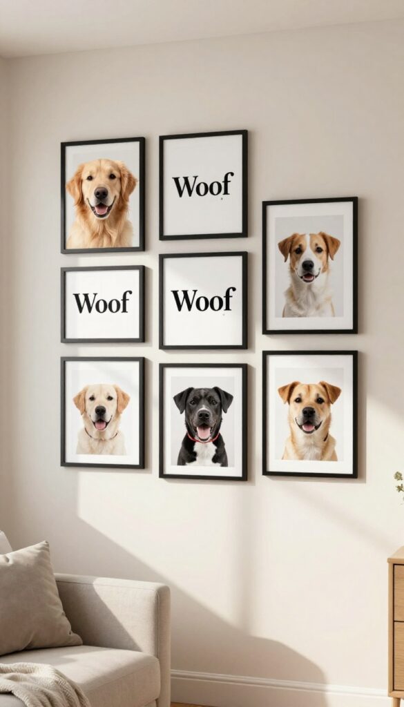Framed dog photo collage with typography prints on a living room wall, featuring a golden retriever photo and 'Woof' text art in black and white frames.