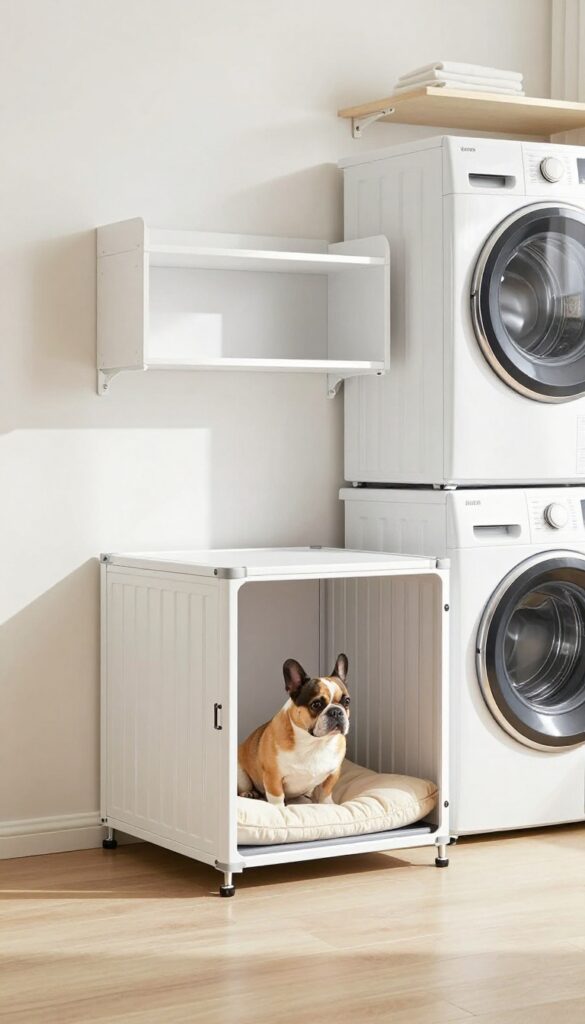 Wall-mounted fold-down dog crate in a bright laundry room, with a small dog inside, showcasing space-saving design.