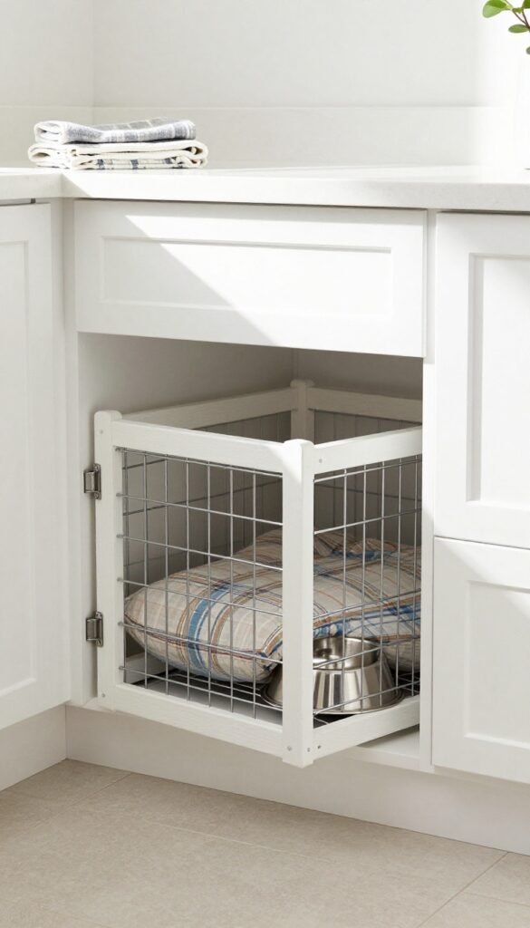 Built-in dog crate under counter in a bright laundry room with a dog bed and water bowl.