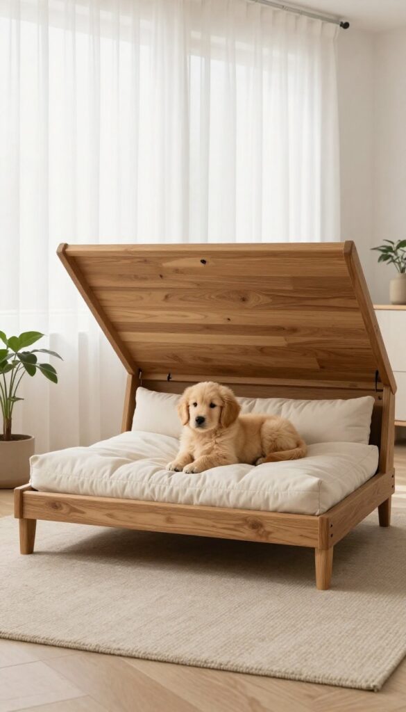Open ottoman revealing a cozy dog bed with a golden retriever puppy inside, in a bright living room