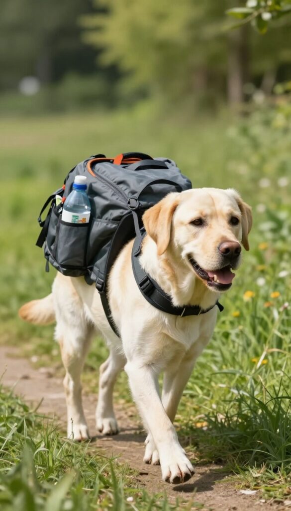 A Labrador retriever wearing a sporty dog backpack while walking on a sunny trail.
