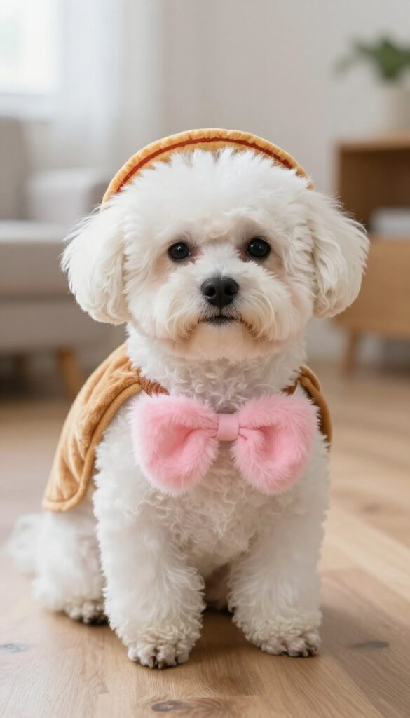 Small dog wearing Taco Belle costume, taco shell and tutu, sitting indoors