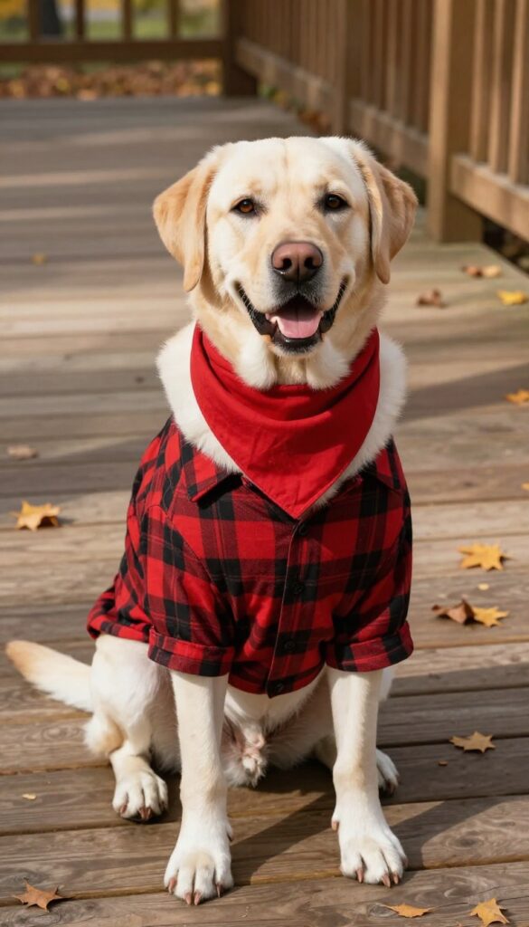 A dog wearing a plaid shirt and bandana, sitting on a porch in autumn sunlight.