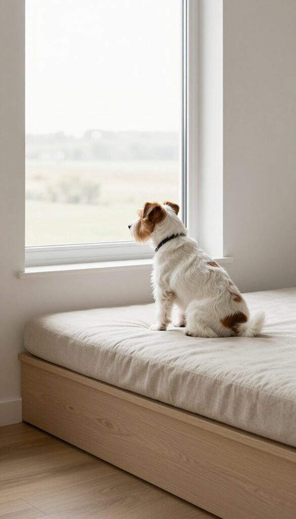 Cozy built-in window perch for dogs with cushion and terrier looking outside