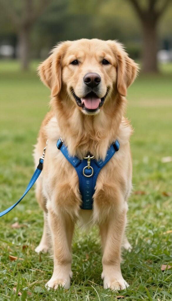 Golden retriever wearing matching blue leash and collar set in sunny park