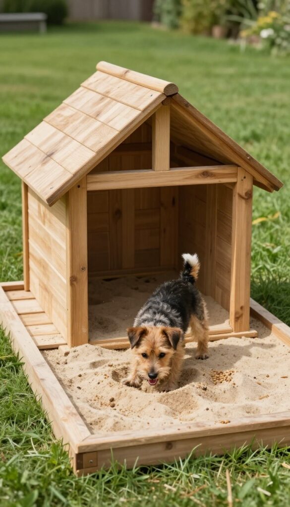 A wooden A-frame dog kennel with a sand pit underneath, a terrier digging in the sand, in a sunny backyard.