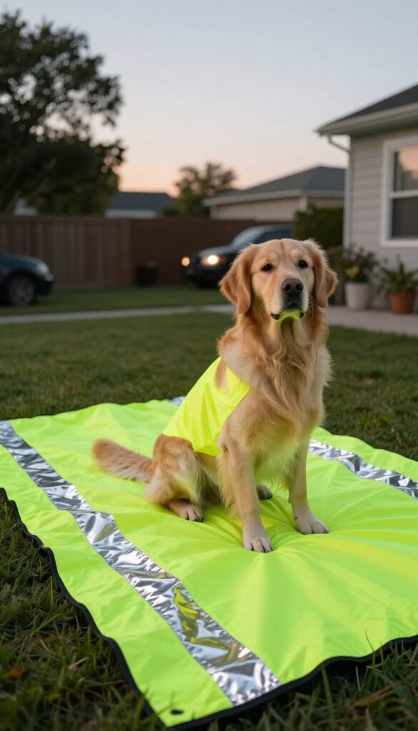 Dog kennel with reflective cover glowing at night in backyard