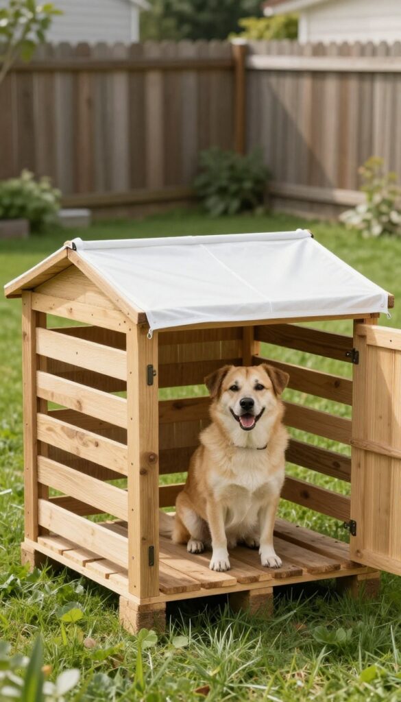 DIY pallet dog kennel in backyard with dog inside, rustic wood, sunlight