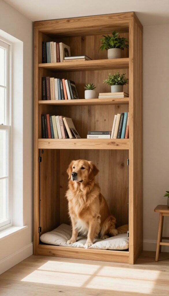 A wooden bookshelf with a dog crate built into the bottom compartment, filled with books and plants on upper shelves, and a golden retriever sitting in front of the crate.